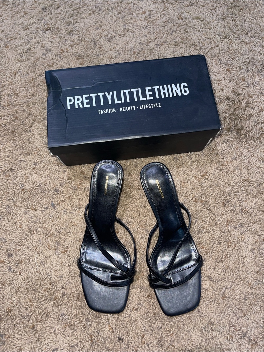 PrettyLittleThing Black Strappy Square Toe Mid Block Heels